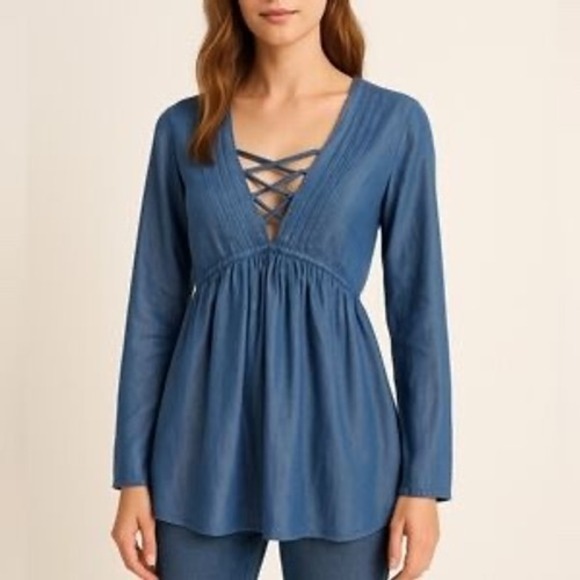 Altar'd State Chambray Peplum Top Lace Up Long Sleeve Blouse‎ Size L - Picture 1 of 5